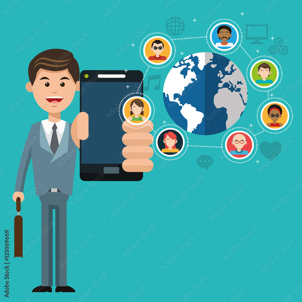 Man cartoon with smartphone planet and icon set. Mobile people theme. Colorful design. Vector illustration