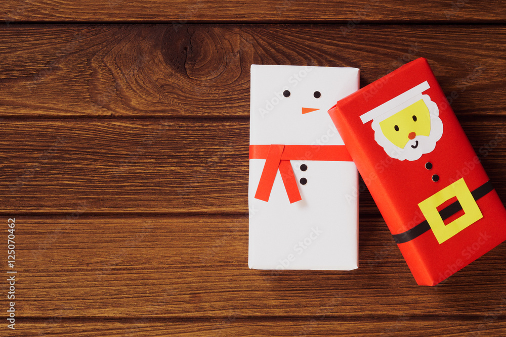 Christmas background with copy space. Top view of DIY snowman an