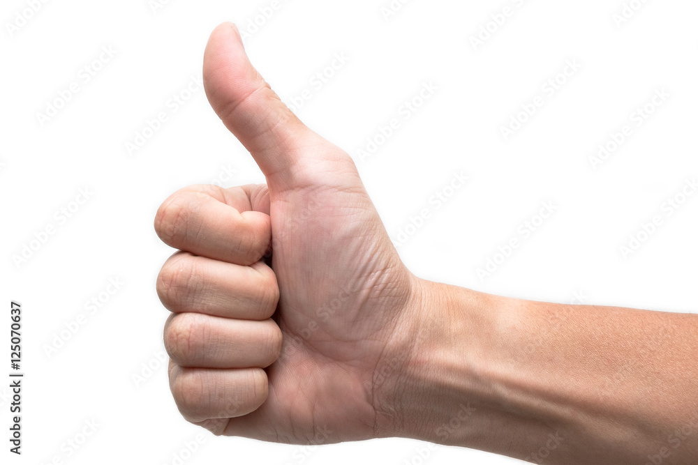 Closeup of male hand showing thumbs up sign in isolated white background. Closeup of male hand showing thumbs up sign in isolated white background.