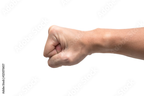 Fist, hand of male in isolated white background.
