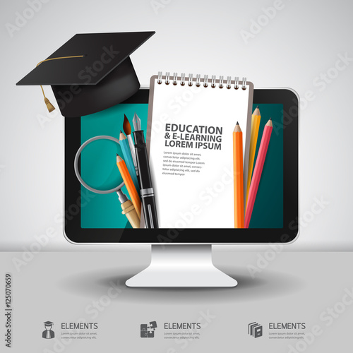 Vector Education school university e-learning concept with computer