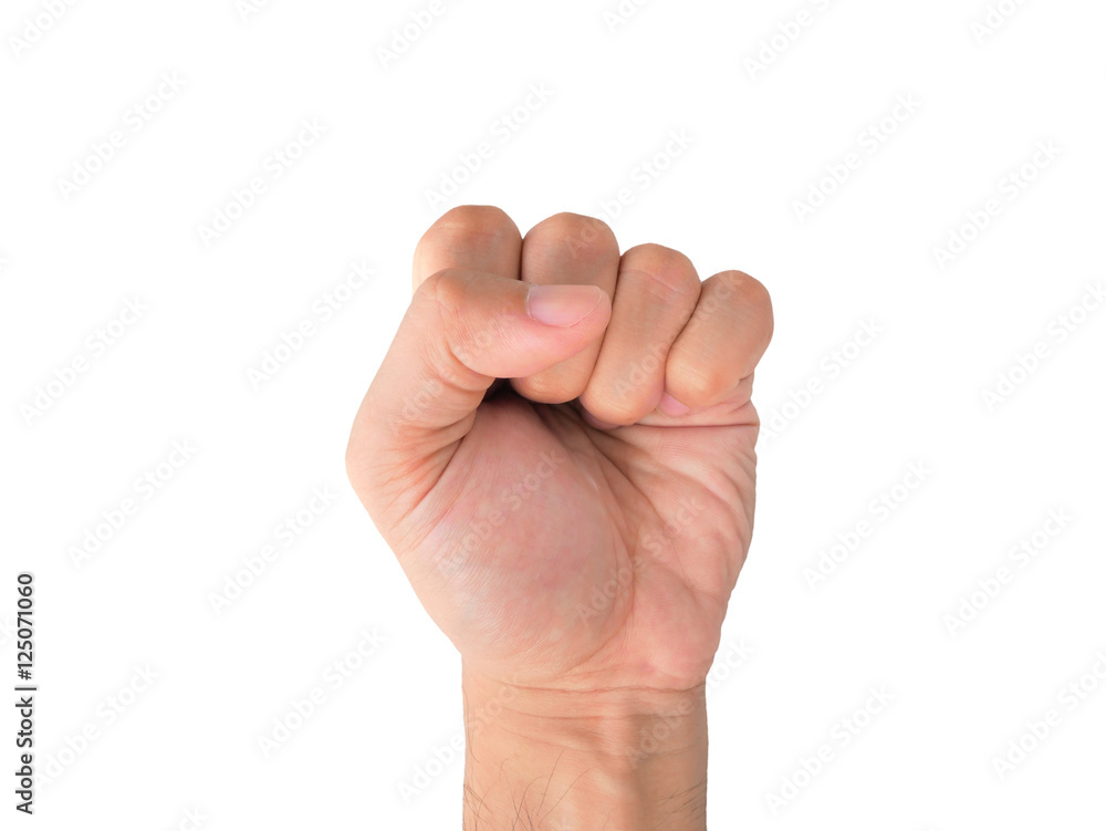 Male hand gesture in a fist shape isolated on the white backgrou Male hand gesture in a fist shape isolated on the white backgrou