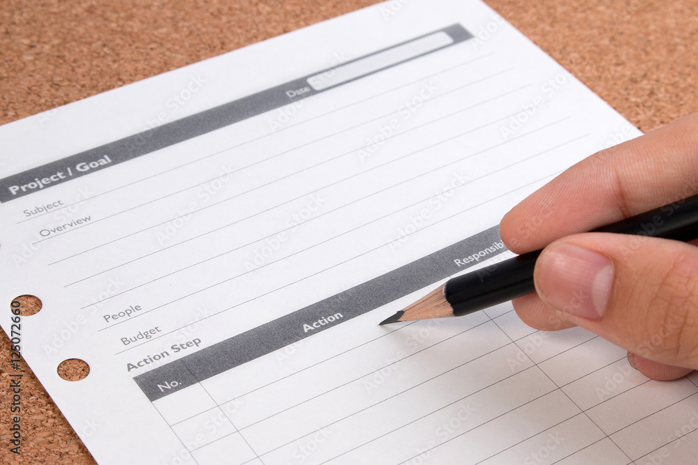 Close up blank form project / goals. Blank form of project planning and goals on table. Business project plan and goals checklist. Paper note of business project plan and goals form. Close up blank form project / goals. Blank form of project planning and goals on table. Business project plan and goals checklist. Paper note of business project plan and goals form.