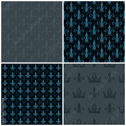 Vector crowns and fleur de lis seamless patterns set