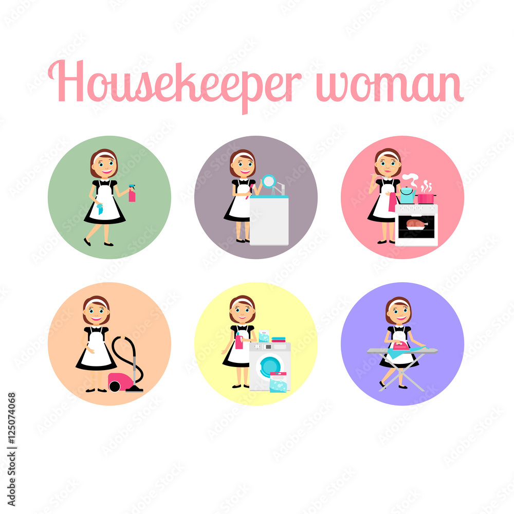 Housekeeper woman make housework. Circle icons vector set Housekeeper woman make housework. Circle icons vector set