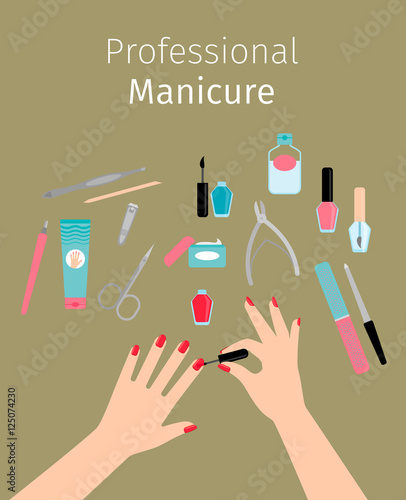 Professional Manicure vector poster with ladies hands and nail polish and accessories