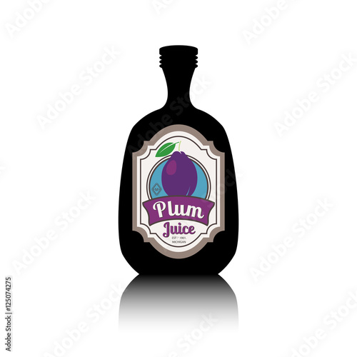 Black bottle silhouette with reflection and vintage fruit label. Plum juice botle vector illustration