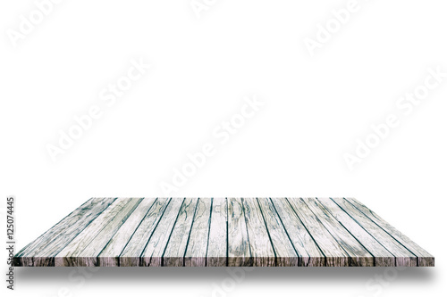 Empty top of wooden shelf or counter isolated on white background