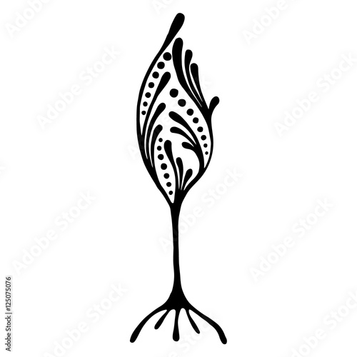 Vector hand drawn illustration, decorative ornamental stylized tree. Black and white graphic illustration isolated on the white background. Inc drawing silhouette. Decorative artistic ornamental wood