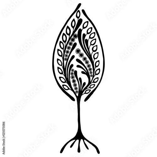 Vector hand drawn illustration, decorative ornamental stylized tree. Black and white graphic illustration isolated on the white background. Inc drawing silhouette. Decorative artistic ornamental wood