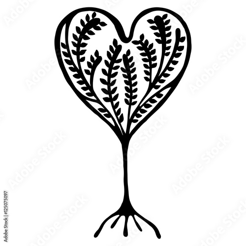 Vector hand drawn illustration, decorative ornamental stylized tree. Black and white graphic illustration isolated on the white background. Inc drawing silhouette. Decorative artistic ornamental wood