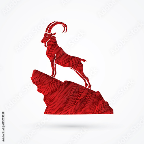 Ibex standing on the cliff designed using red grunge brush graphic vector.