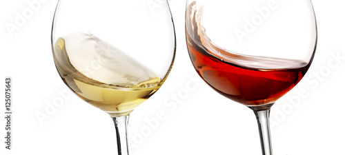 Red and white wine splash with white background, close up