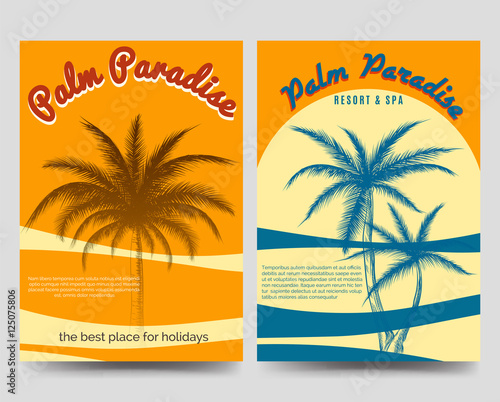 Palm Paradise flyers set. Brochure flyers template for hotel apartment spa vector illustration