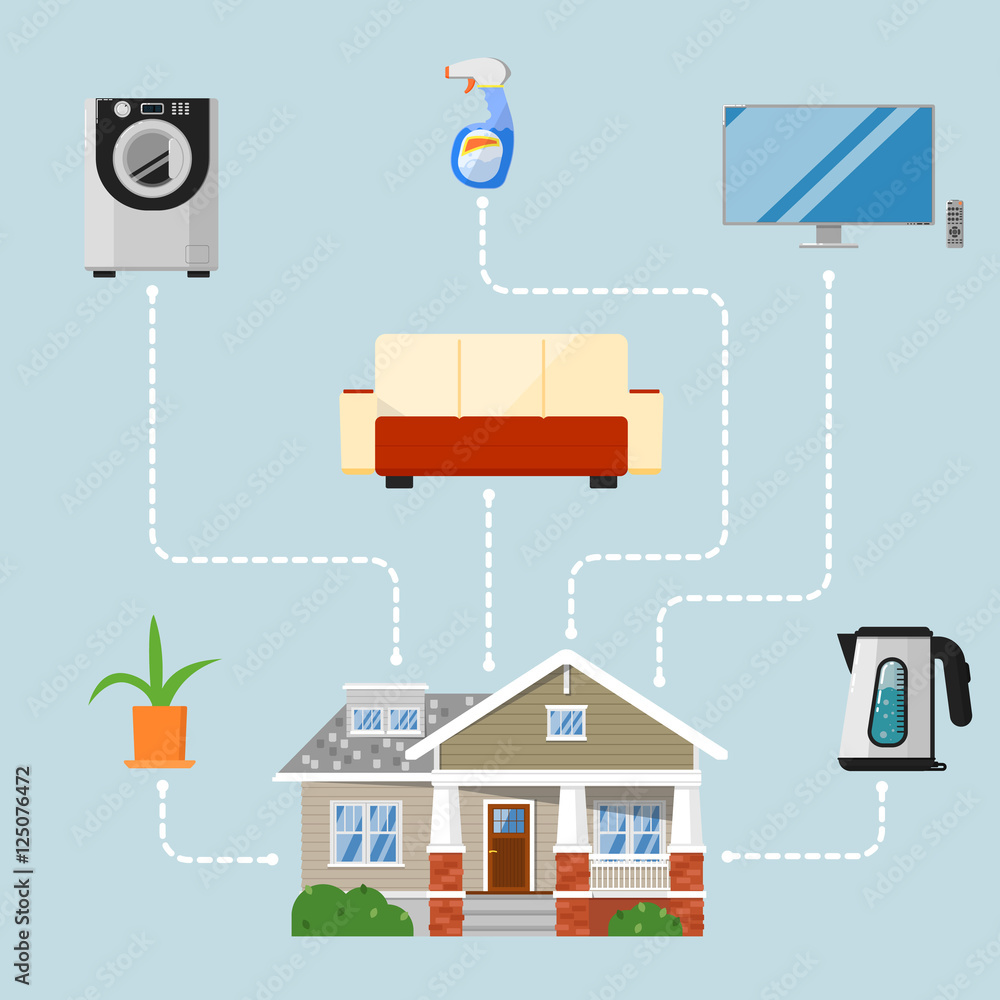 Obraz premium Home improvement concept with household appliances, new furniture and design elements. Home renovation vector illustration. Buying new vacation home. House remodeling. Creating comfort and coziness