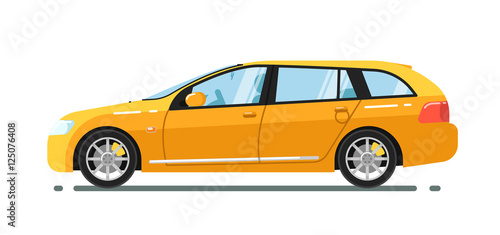 Fototapeta Naklejka Na Ścianę i Meble -  Yellow universal citycar isolated on white background vector illustration. Modern automobile. Side view of family citycar. People transportation in flat style. Design element for your projects