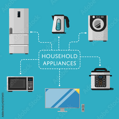 Household appliances banner with electro technics vector illustration. TV cinema, refrigerator, washing machine, microwave oven, electric kettle, multicooker machine. Kitchen equipment in flat design