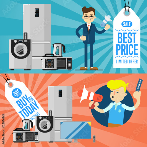 Best prise and buy today flyers with household appliances vector illustration. Sale tag, discount symbol, retail sticker. Advertisement campaign on kitchen electro technics. Dealer with megaphone