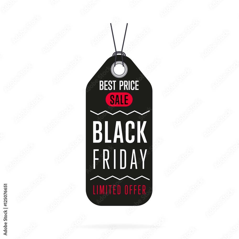 Black Friday sale tag sticker vector isolated. Discount or special offer price tag on Black Friday. Promo offer or ad offer on special shopping day.