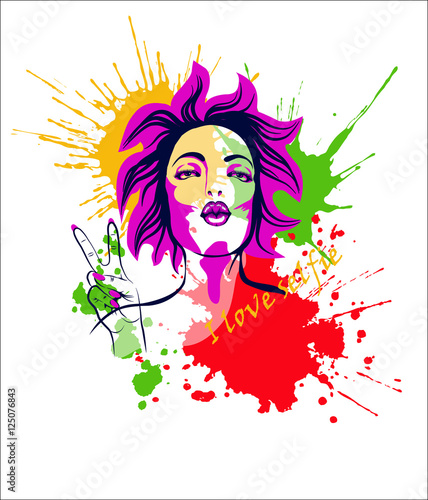 Pop-art girl with kissing lips and two finger up gesture. Vector illustration