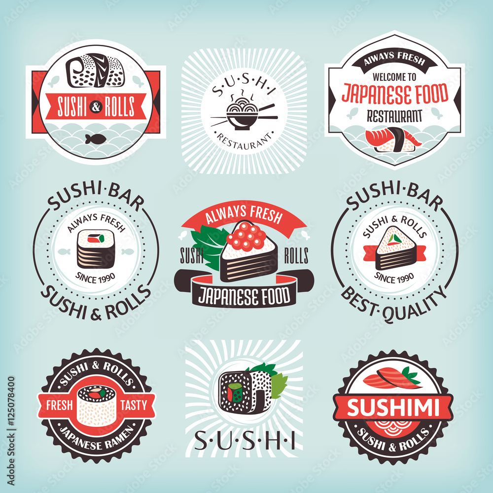 Set of various sushi labels Set of various sushi labels