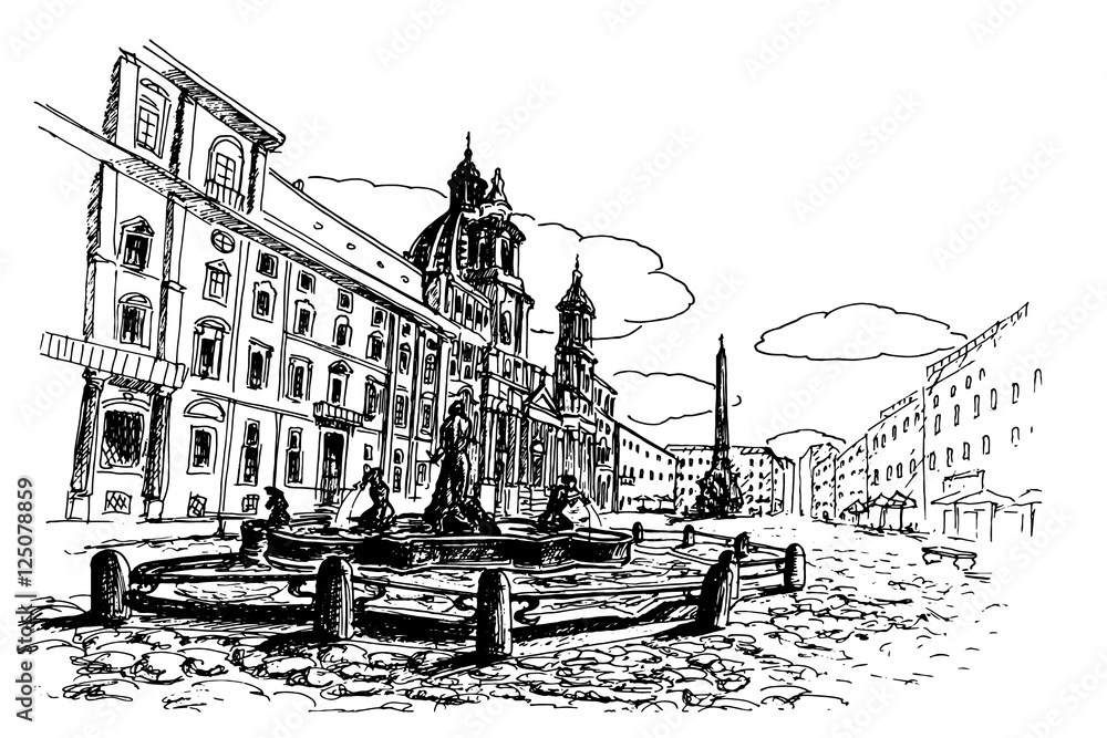 Poster, Print sketch of Piazza Navona, Rome. Italy., 40x26.7 cm Poster, Print sketch of Piazza Navona, Rome. Italy., 40x26.7 cm