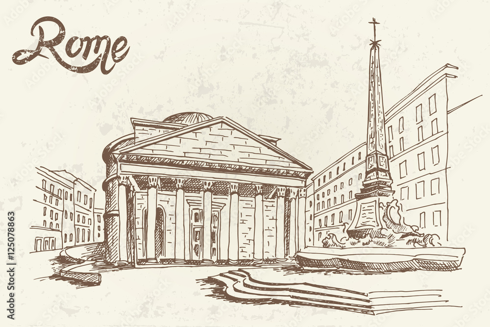 sketch of Pantheon. Rome. Italy. Retro style.