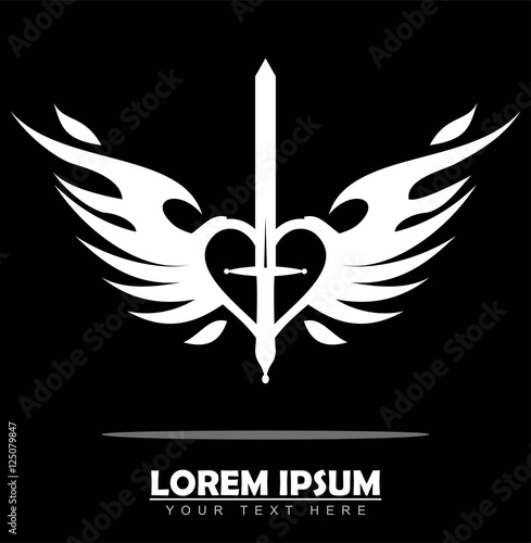 Sword, heart, wings and flame. White isolated on black background