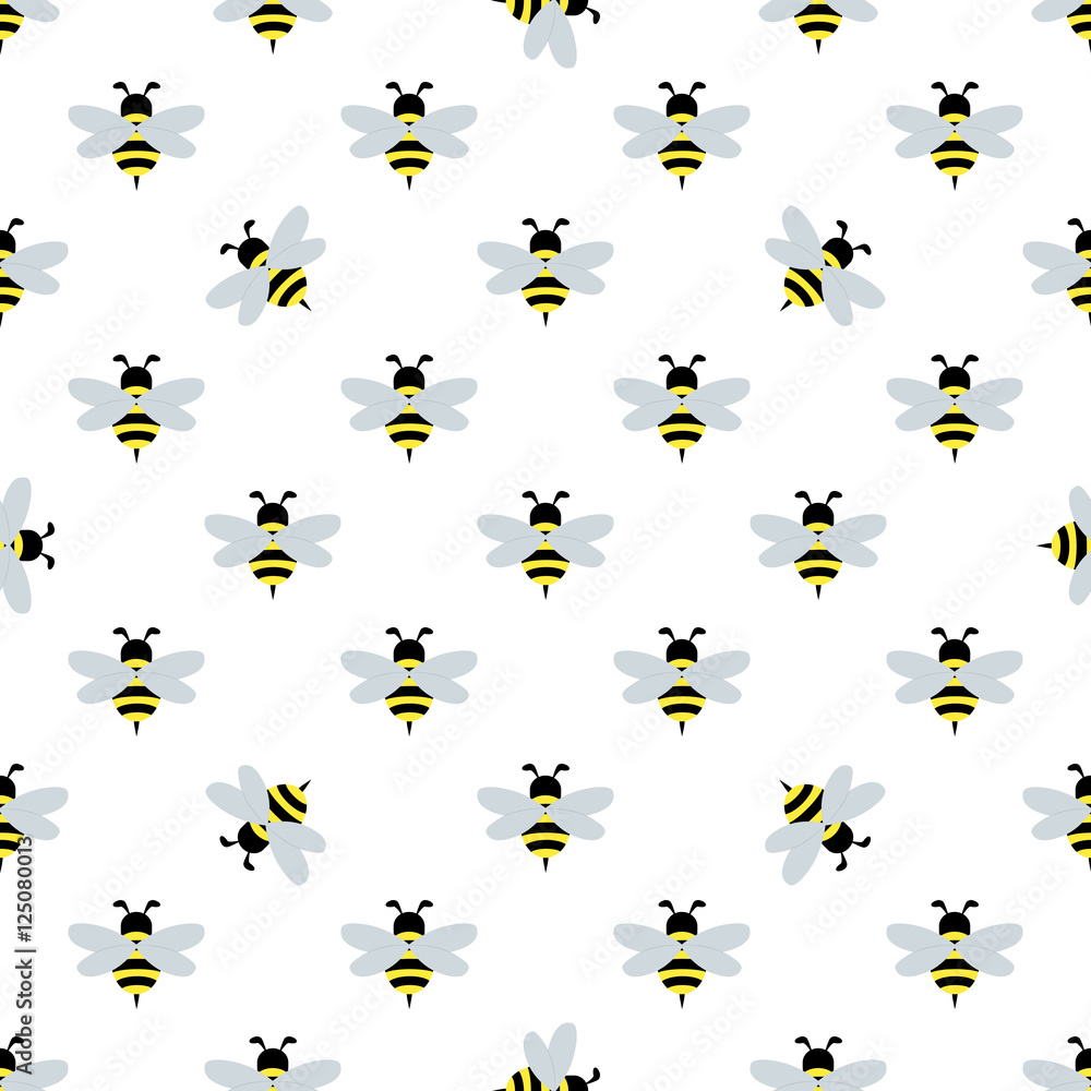 Seamless pattern with flying bees on a white background