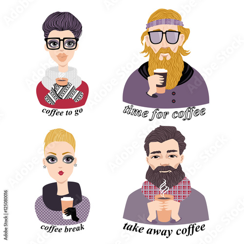 set of vector illustrations of fashionable young people drinking coffee from paper cups in cartoon style