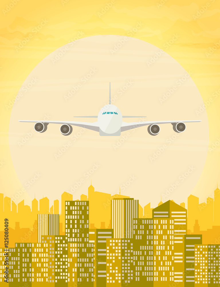Plane flying over urban city. Vector illustration