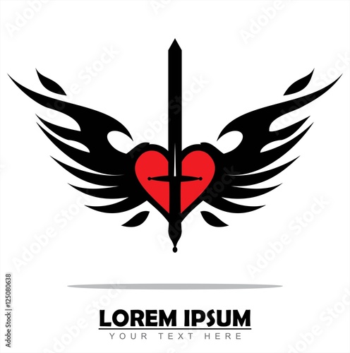 red heart, black sword, wings and flame. Isolated on white background