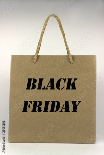 black friday brown paper bag with handles, front view, on white
