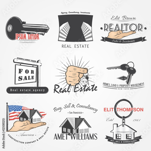 Real estate agency set. Buy, Sell and Consultancy. Detailed elements. Old retro vintage grunge. Scratched, damaged, dirty effect. Typographic labels, stickers, logos and badges.