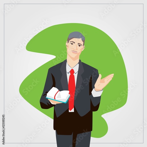 Flat vector illustration with man project manager working  diary