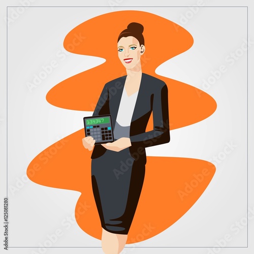 Flat vector illustration with woman showing calculator