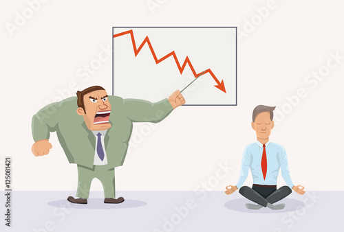 Angry boss and relaxed worker.