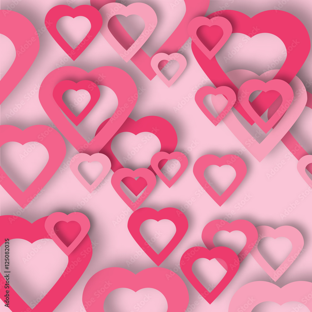 Beautiful hearts vector background or card. Bright pink paper hearts template for banner, flyer, wedding, anniversary, birthday, Valentine's day, party, poster, invitation, brochure. Hearts background