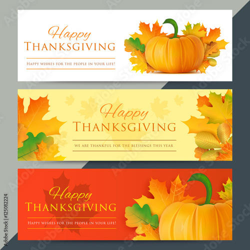 Set of happy thanksgiving day web banners. Autumn holiday vector