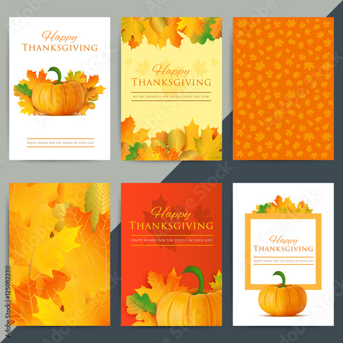 Set of happy thanksgiving day greeting card. Autumn holiday vect