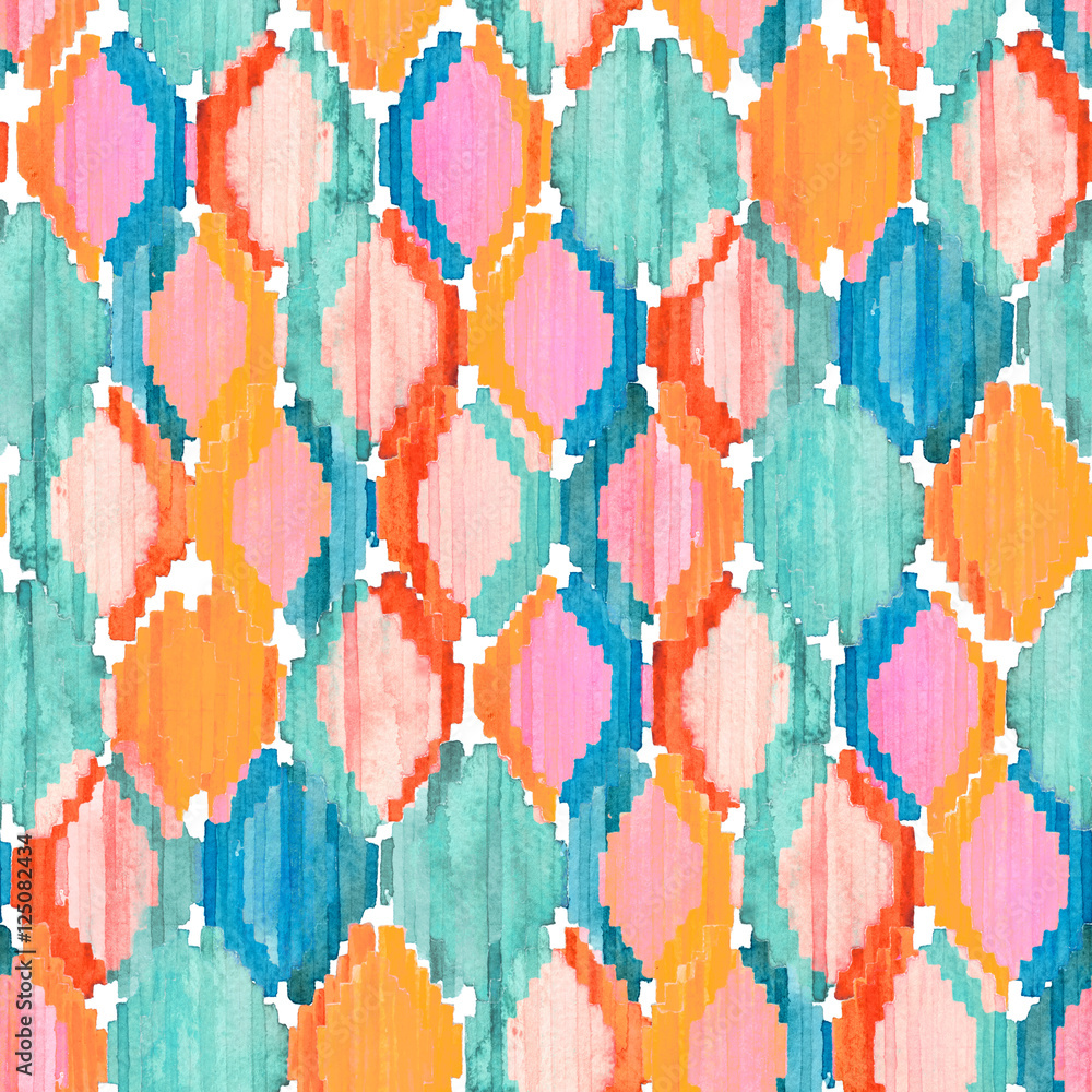 Watercolor ikat seamless pattern. Vibrant ethnic rhombus pattern. Stock ...