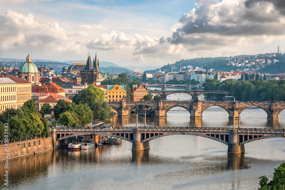 View of Vltava river with bridges in Prague