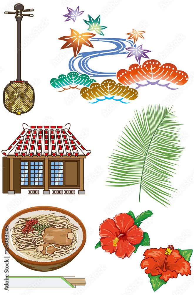 沖縄の文化や食べ物や植物のイメージイラストセット Stock Vector Adobe Stock