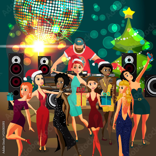 Vector Christmas New Year party invitation disco style. Club  dj