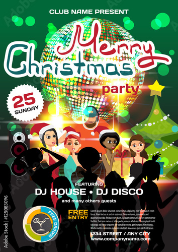 Vector christmas party invitation disco style. Night club, dj, w