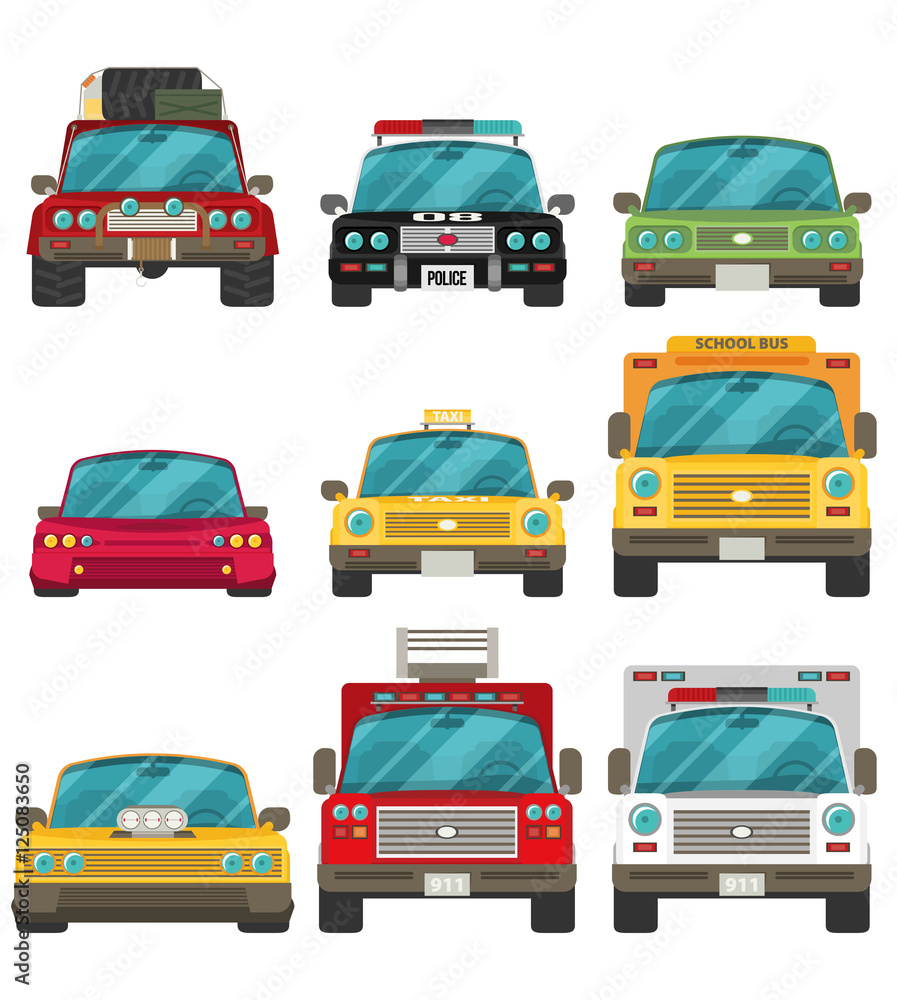 Car icon set in flat style. Front view.