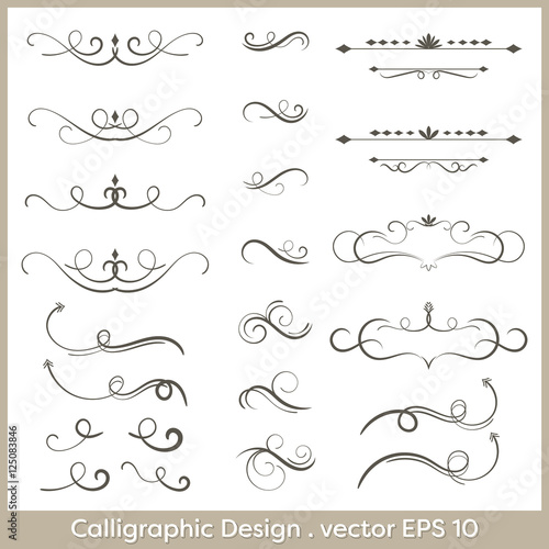 Set of hand drawn calligraphic and decorative design elements, deashes and dividers.