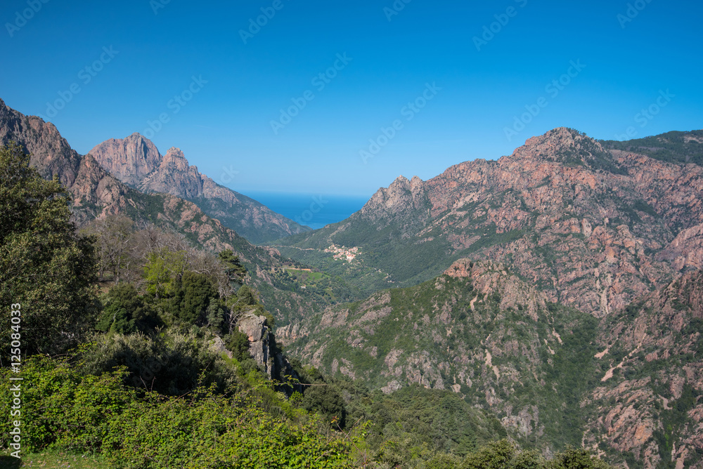 Corsican mountains with the tiny village Evisa