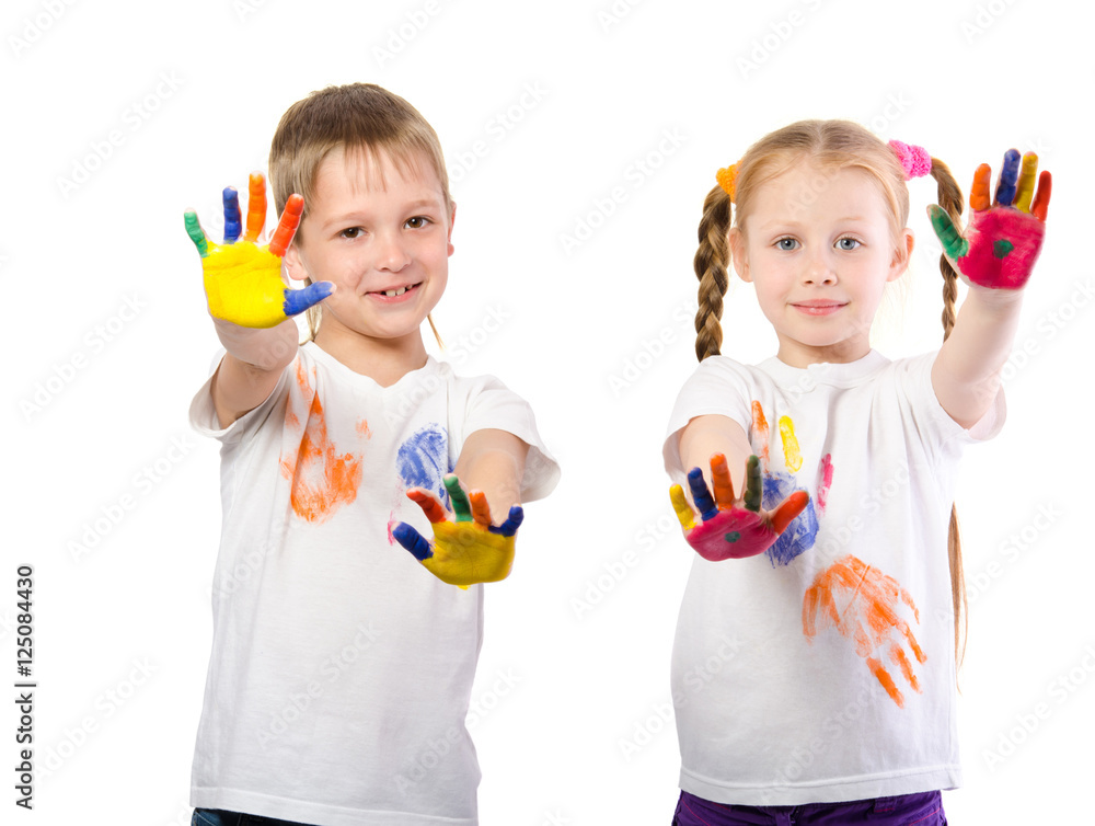 beautiful little girl with boy and their hands in the paint beautiful little girl with boy and their hands in the paint