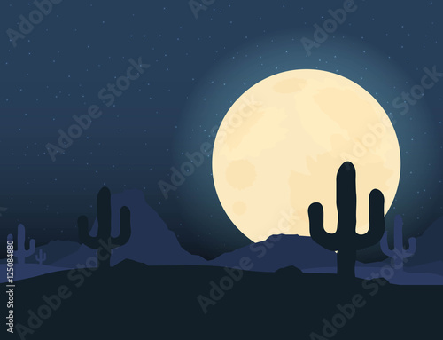Desert landscape under the night sky vector illustration.